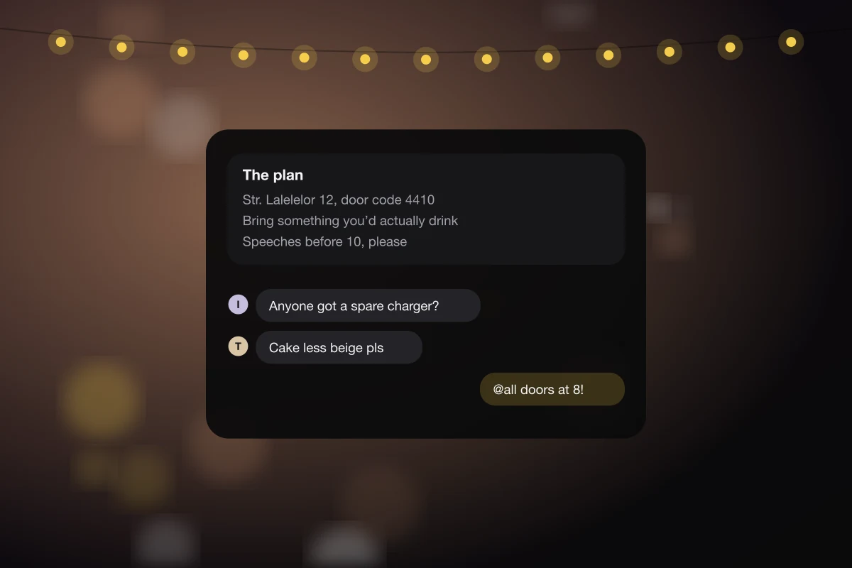Illustration of an Afters pinned note with the address and plan above a lively party chat.