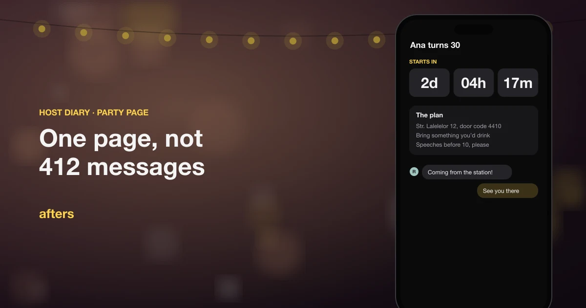 Illustration of a phone showing an Afters party page with a countdown and a pinned note, over warm party lights.