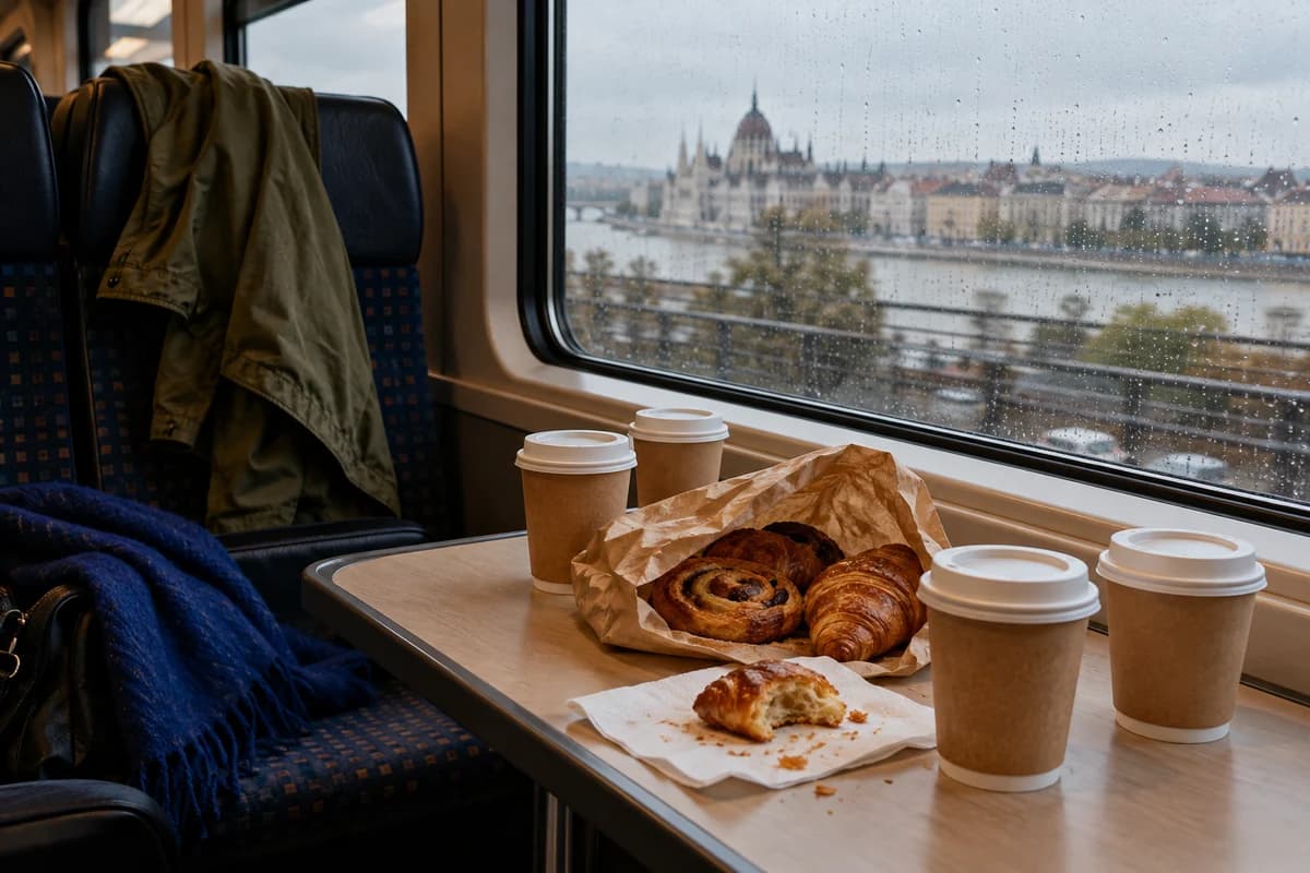 Coffee cups and a shared paper bag of pastries on a train table beside a rain-speckled window.