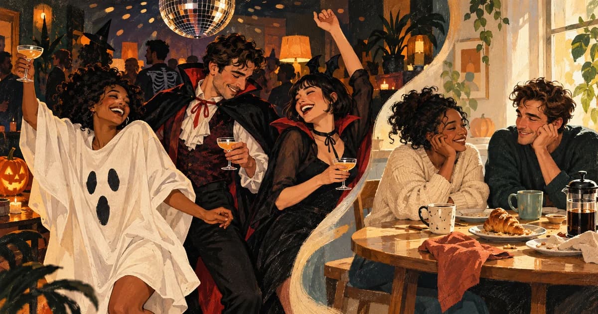 Illustrated adults in Halloween costumes at a warm house party, with a next-morning coffee vignette.
