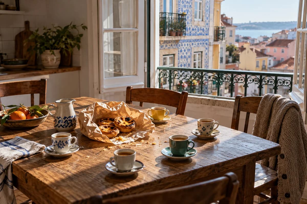 Morning light on a Lisbon apartment breakfast table with coffee cups, pastries and an open window.
