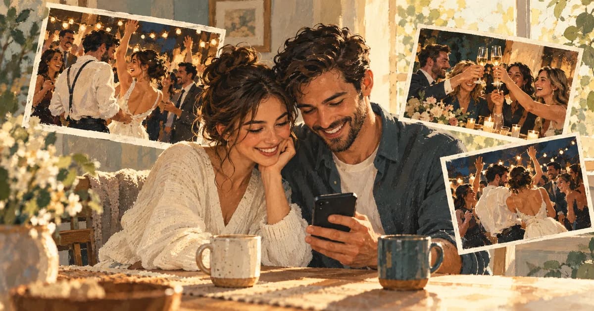 Illustrated newlyweds looking at a shared wedding roll over breakfast, surrounded by guest-perspective memories.