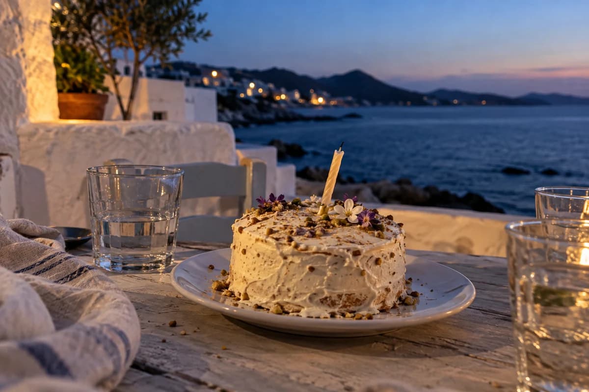 A slightly tilted birthday cake with a single spent candle on a simple seaside table at blue hour.