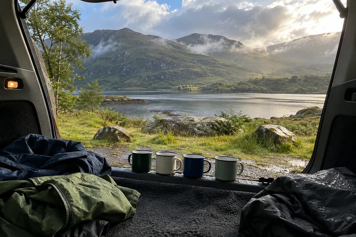A quiet Highland loch seen through an open parked-car hatch, with rain droplets, folded jackets and plain tea mugs in the foreground.