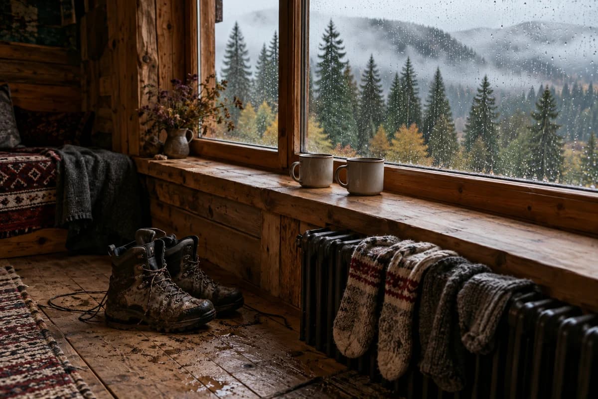 Two mugs on a rain-streaked cabin windowsill, with wet walking boots below and conifers outside.