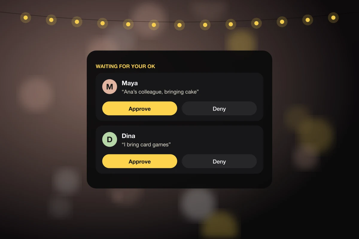 Illustration of an Afters requests screen listing join requests with short notes and approve buttons.