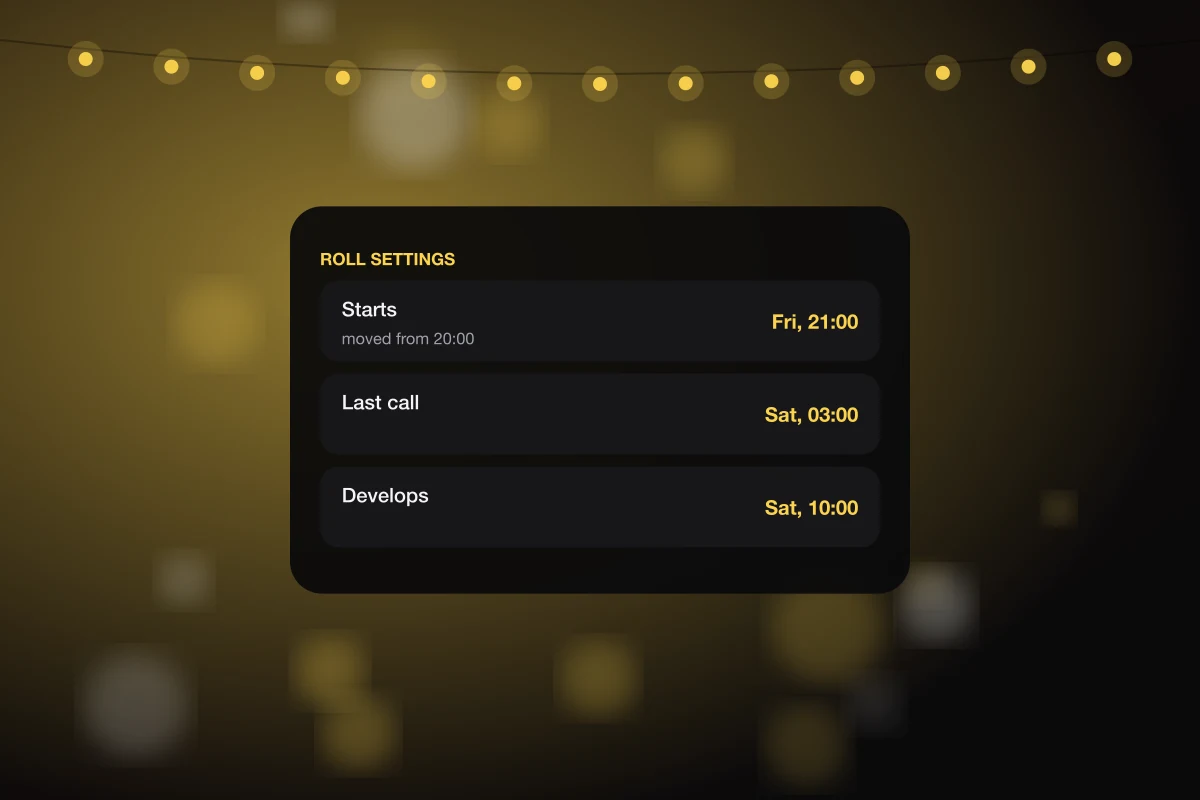 Illustration of the Afters roll settings with start time, last call and develop time.
